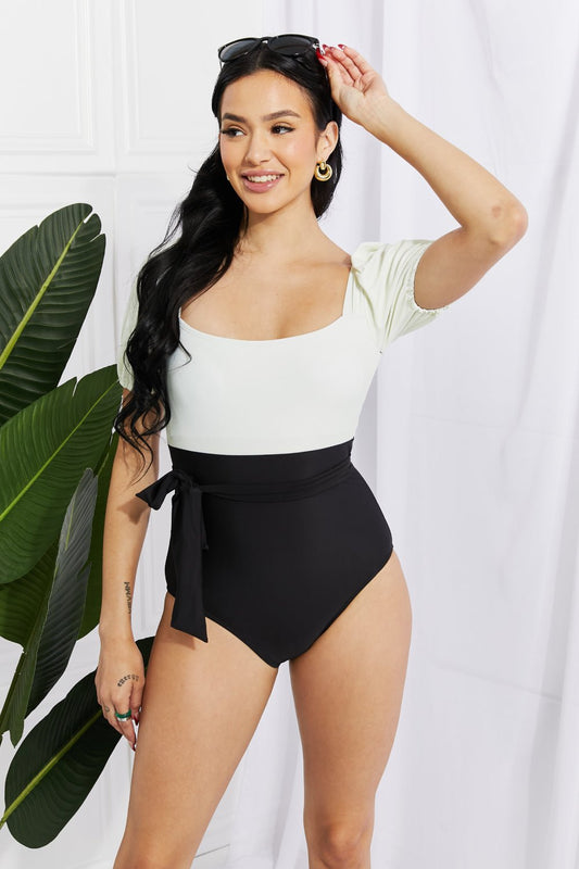 Marina West Swim Salty Air Puff Sleeve One - Piece in Cream/Black - One - Piece Swimsuit - Cream/Black - Bella Bourget