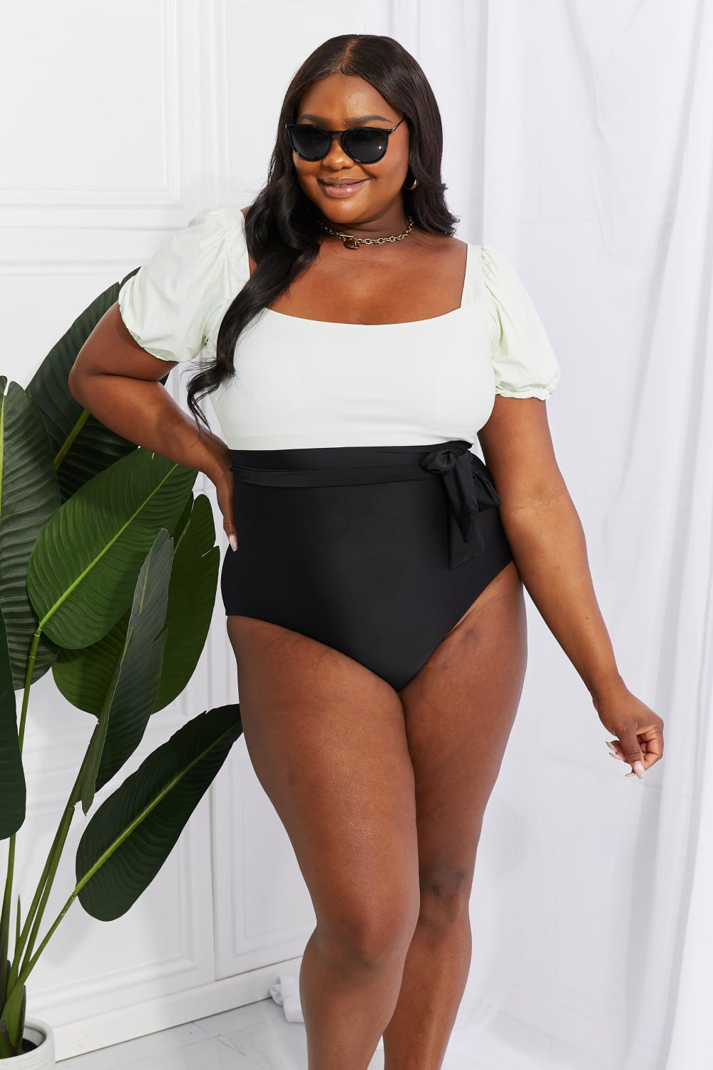 Marina West Swim Salty Air Puff Sleeve One - Piece in Cream/Black - One - Piece Swimsuit - Cream/Black - Bella Bourget