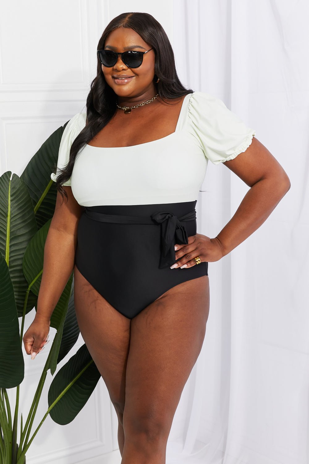 Marina West Swim Salty Air Puff Sleeve One - Piece in Cream/Black - One - Piece Swimsuit - Cream/Black - Bella Bourget