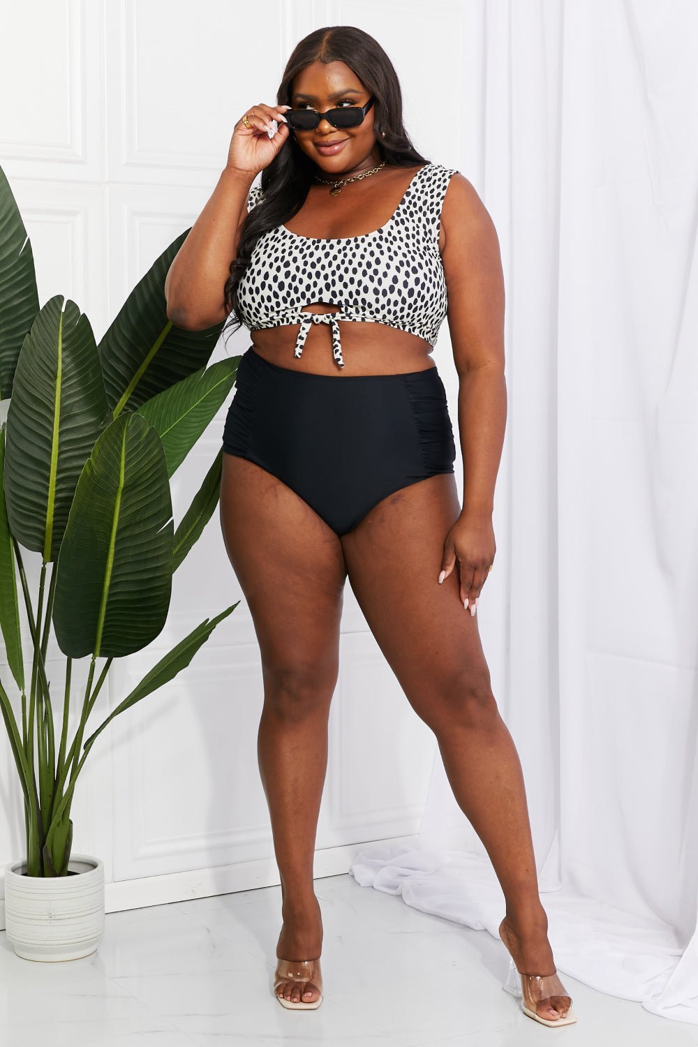 Marina West Swim Sanibel Crop Swim Top and Ruched Bottoms Set in Black - Two - Piece Swimsuit - Cream/Black - Bella Bourget