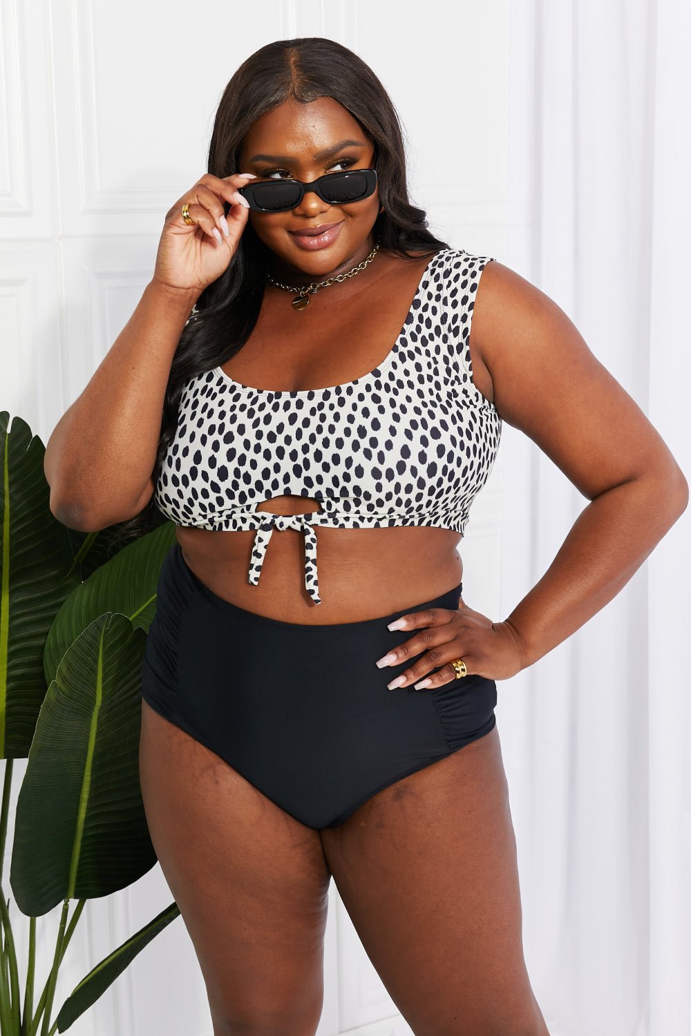 Marina West Swim Sanibel Crop Swim Top and Ruched Bottoms Set in Black - Two - Piece Swimsuit - Cream/Black - Bella Bourget