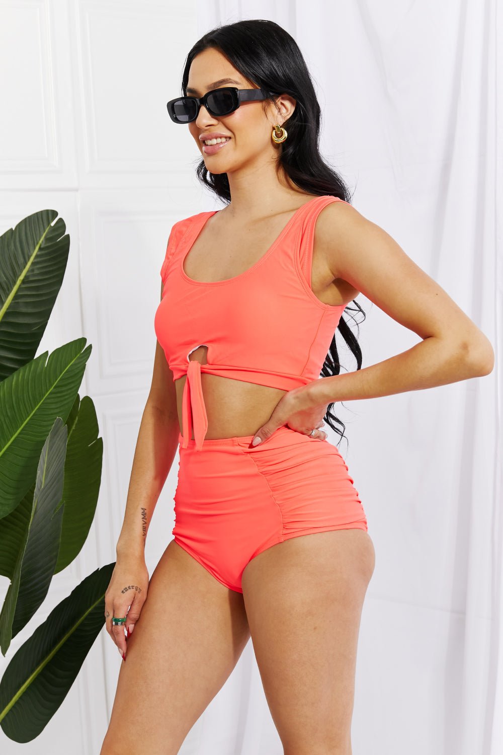 Marina West Swim Sanibel Crop Swim Top and Ruched Bottoms Set in Coral - Two - Piece Swimsuit - Coral - Bella Bourget