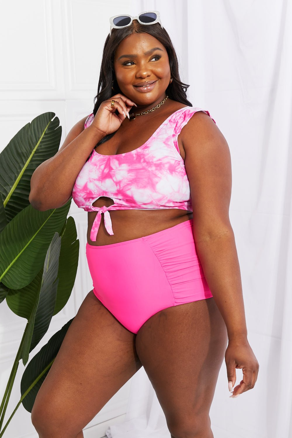 Marina West Swim Sanibel Crop Swim Top and Ruched Bottoms Set in Pink - Two - Piece Swimsuit - Hot Pink - Bella Bourget