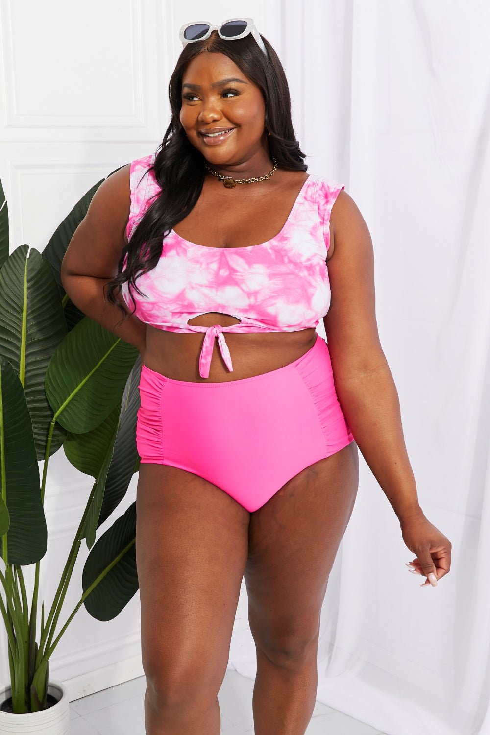 Marina West Swim Sanibel Crop Swim Top and Ruched Bottoms Set in Pink - Two - Piece Swimsuit - Hot Pink - Bella Bourget