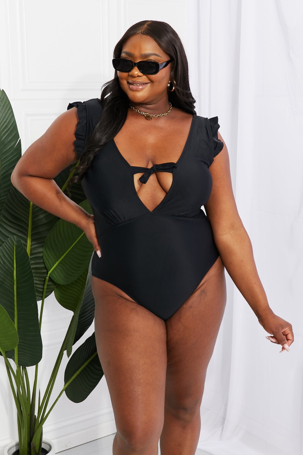 Marina West Swim Seashell Ruffle Sleeve One - Piece in Black - One - Piece Swimsuit - Black - Bella Bourget