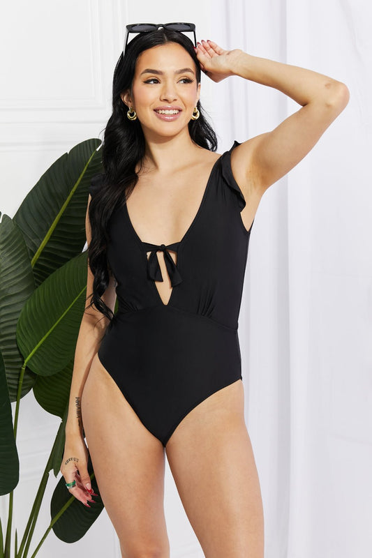 Marina West Swim Seashell Ruffle Sleeve One - Piece in Black - One - Piece Swimsuit - Black - Bella Bourget