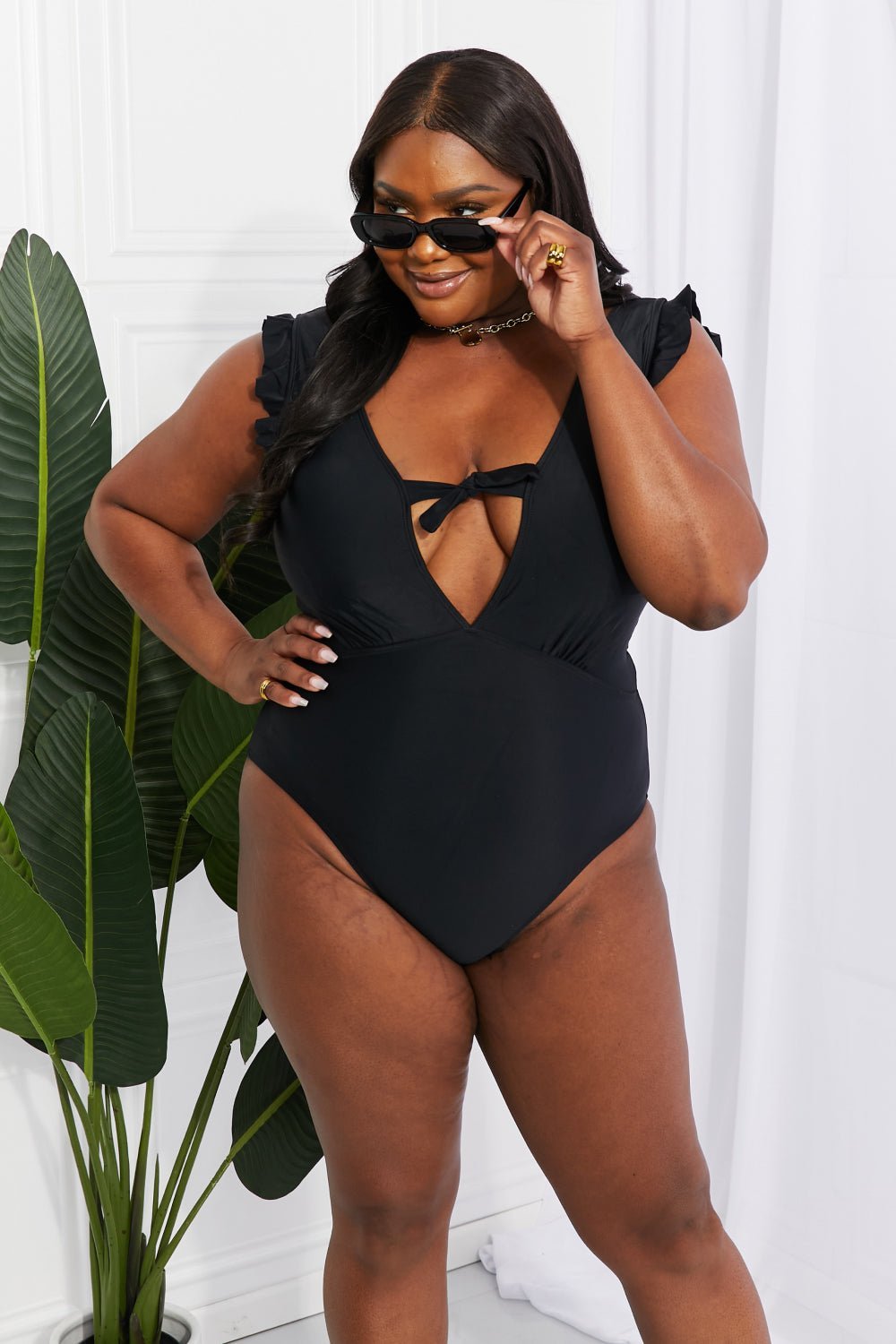 Marina West Swim Seashell Ruffle Sleeve One - Piece in Black - One - Piece Swimsuit - Black - Bella Bourget