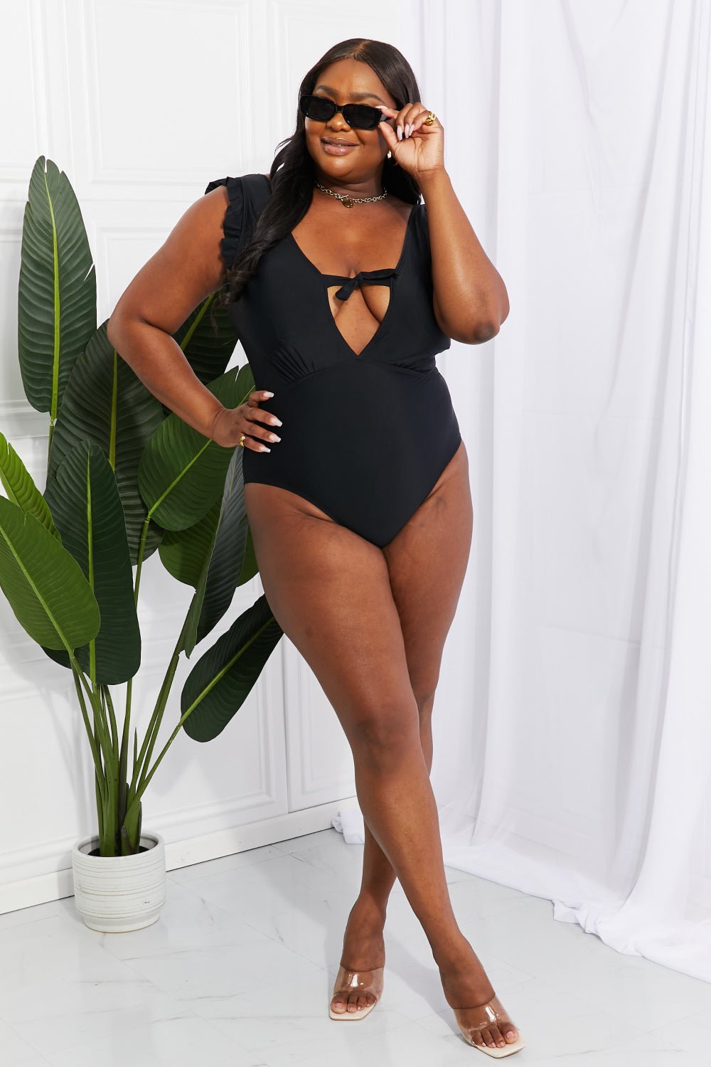 Marina West Swim Seashell Ruffle Sleeve One - Piece in Black - One - Piece Swimsuit - Black - Bella Bourget