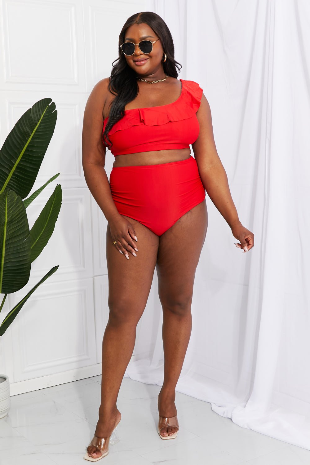 Marina West Swim Seaside Romance Ruffle One - Shoulder Bikini in Red - Two - Piece Swimsuit - Scarlett - Bella Bourget