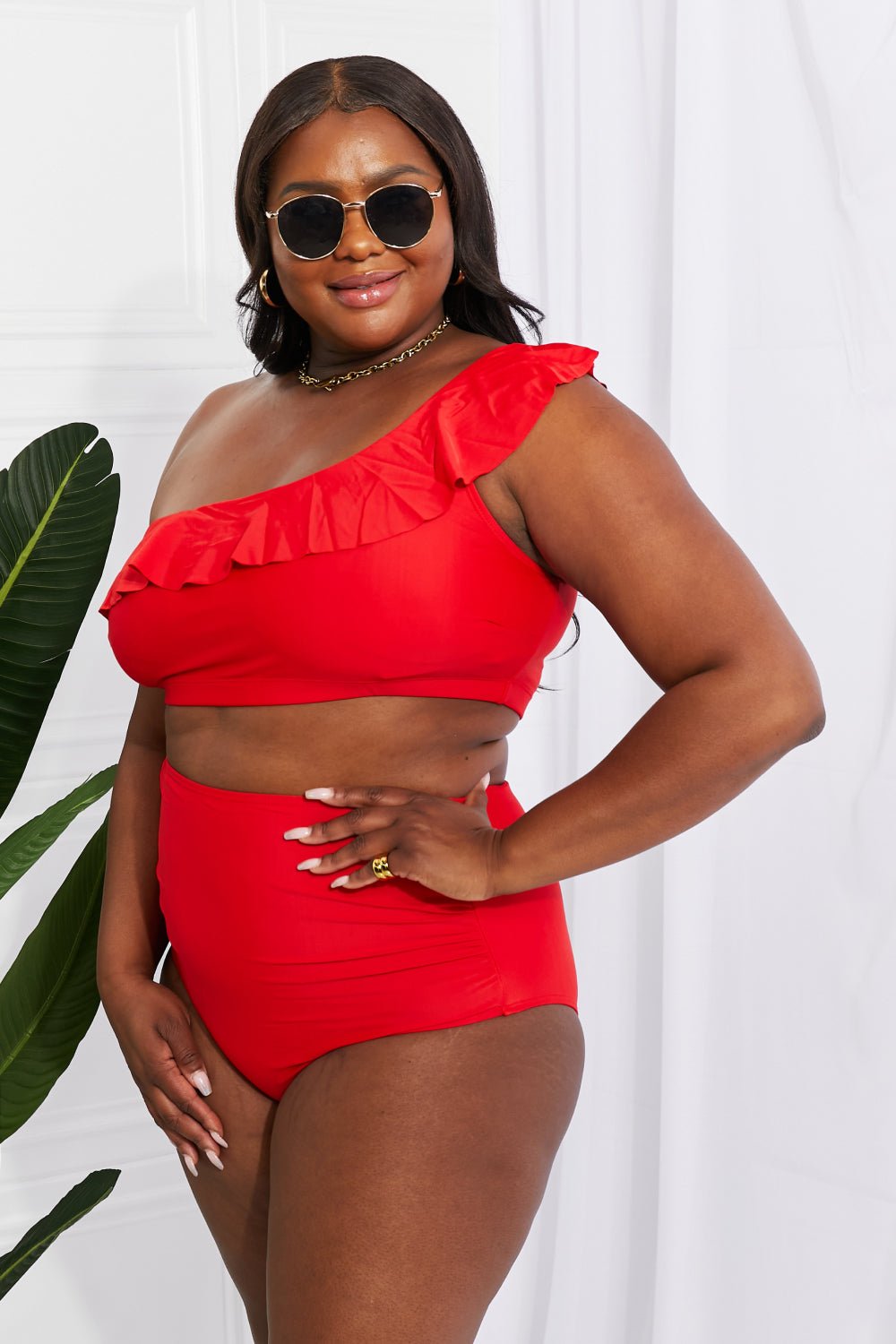 Marina West Swim Seaside Romance Ruffle One - Shoulder Bikini in Red - Two - Piece Swimsuit - Scarlett - Bella Bourget