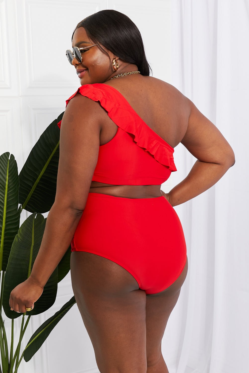 Marina West Swim Seaside Romance Ruffle One - Shoulder Bikini in Red - Two - Piece Swimsuit - Scarlett - Bella Bourget