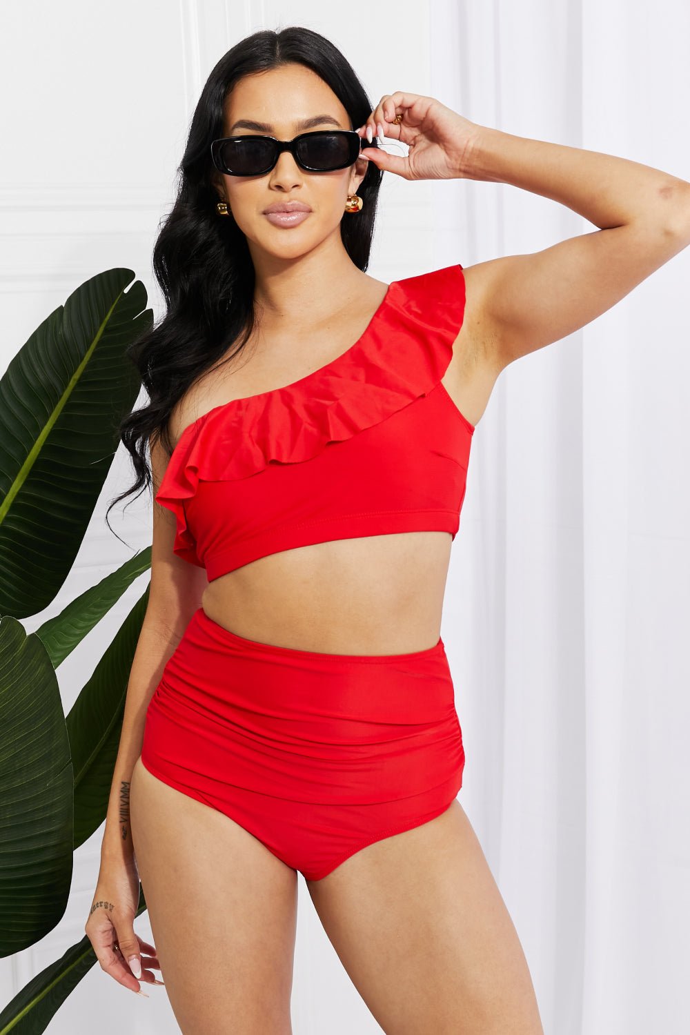 Marina West Swim Seaside Romance Ruffle One - Shoulder Bikini in Red - Two - Piece Swimsuit - Scarlett - Bella Bourget