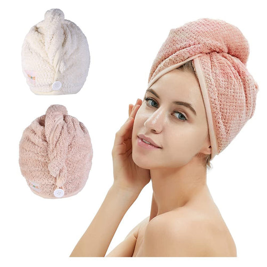 Microfiber Hair Towel Wrap Set - Quick Drying Hair Turbans (Pink & Beige, 2 Pack) - Pinkbeige - Bella Bourget