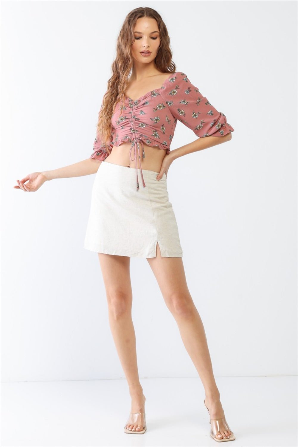 Miss Love / Kevin Co. Floral Ruffle Smocked Back Ruched Crop Top - Top - Mauve - Bella Bourget