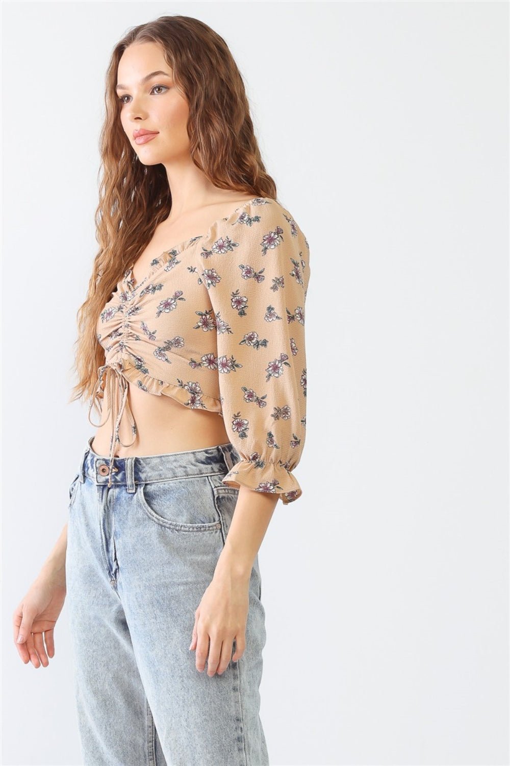 Miss Love / Kevin Co. Floral Ruffle Smocked Back Ruched Crop Top - Top - Taupe - Bella Bourget