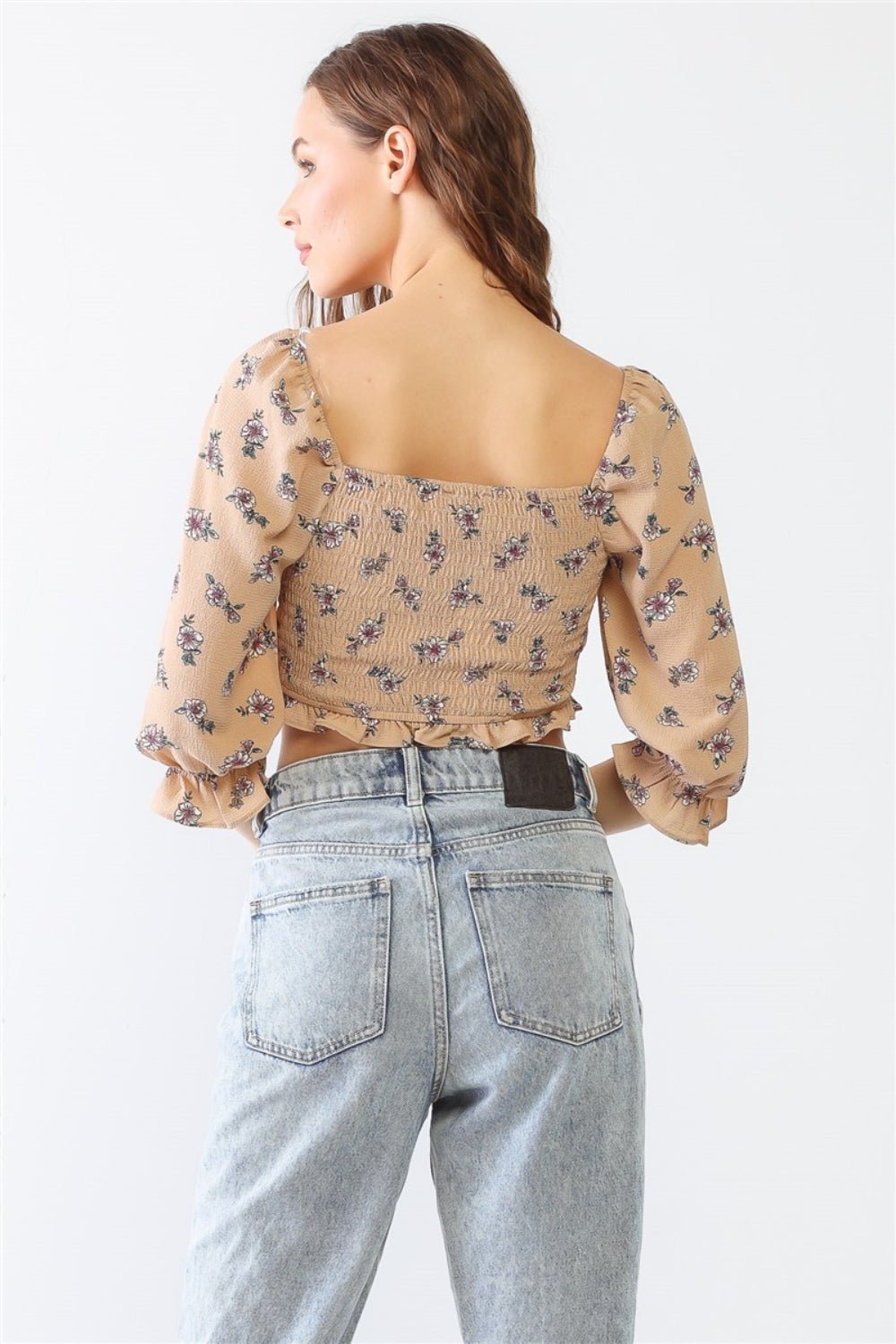 Miss Love / Kevin Co. Floral Ruffle Smocked Back Ruched Crop Top - Top - Taupe - Bella Bourget