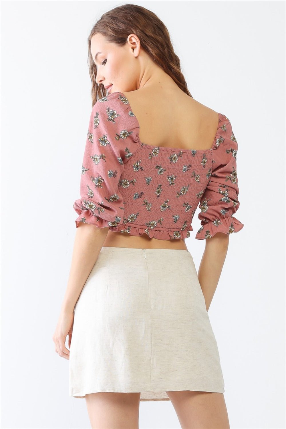 Miss Love / Kevin Co. Floral Ruffle Smocked Back Ruched Crop Top - Top - Mauve - Bella Bourget