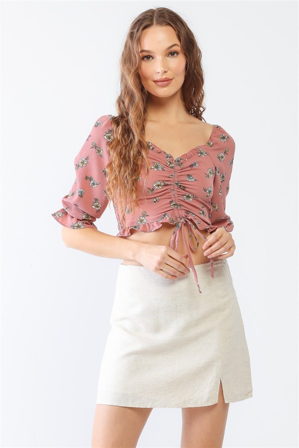 Miss Love / Kevin Co. Floral Ruffle Smocked Back Ruched Crop Top - Top - Mauve - Bella Bourget