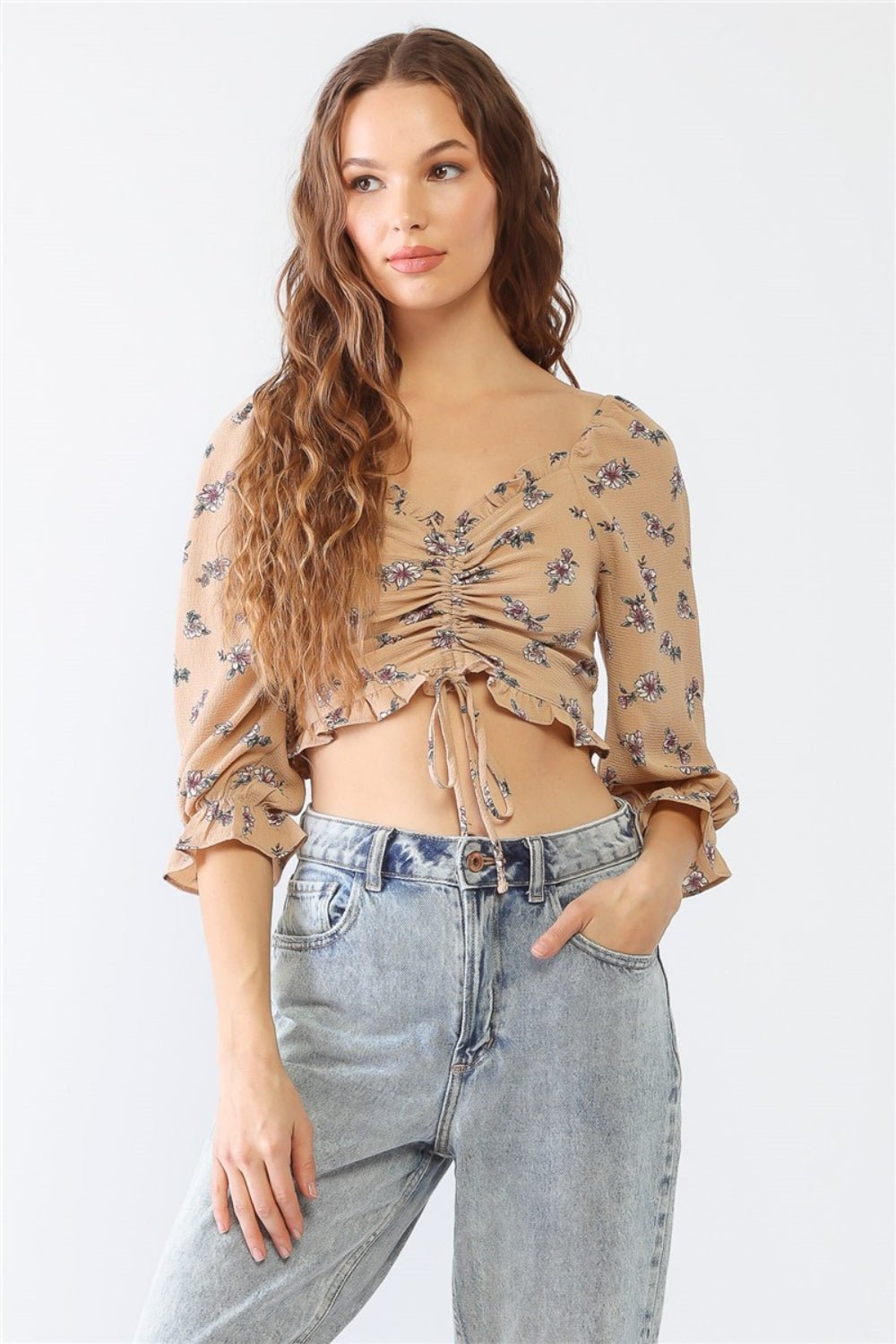 Miss Love / Kevin Co. Floral Ruffle Smocked Back Ruched Crop Top - Top - Taupe - Bella Bourget