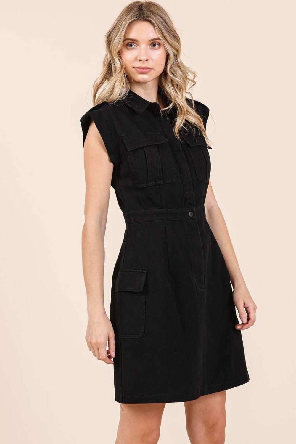 Mittoshop Cargo Pocket Half Button Mini Dress - dress - Black - Bella Bourget