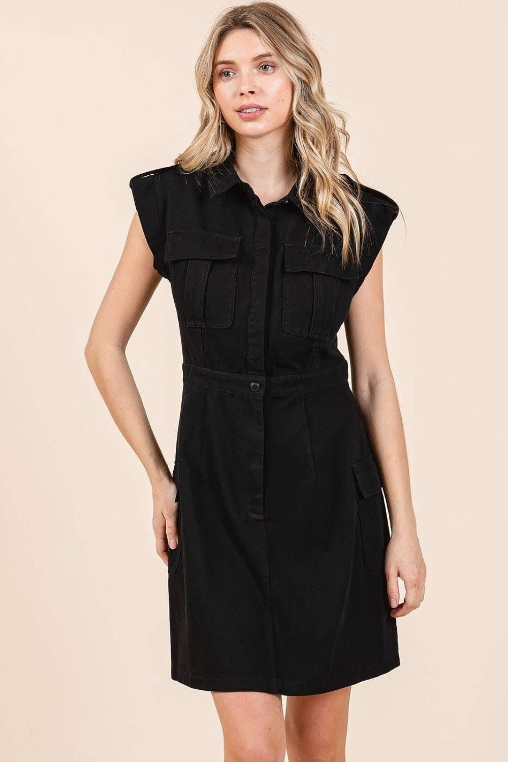 Mittoshop Cargo Pocket Half Button Mini Dress - dress - Black - Bella Bourget