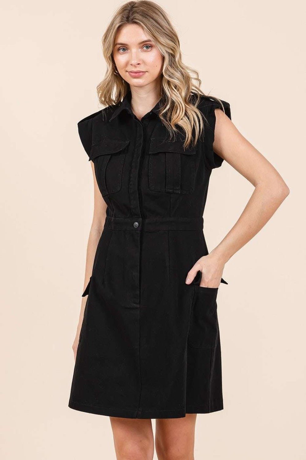 Mittoshop Cargo Pocket Half Button Mini Dress - dress - Black - Bella Bourget