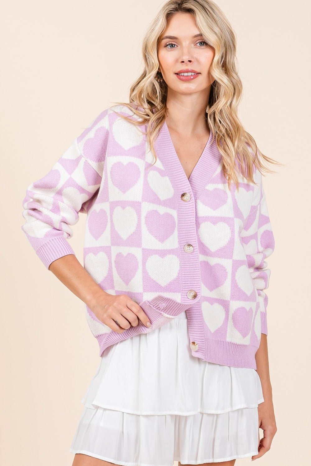 Mittoshop Checkered Heart Button Down Cardigan - Cardigan - Lilac - Bella Bourget