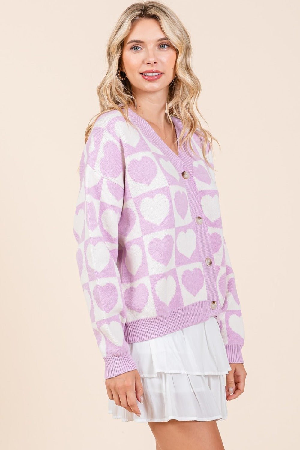 Mittoshop Checkered Heart Button Down Cardigan - Cardigan - Lilac - Bella Bourget