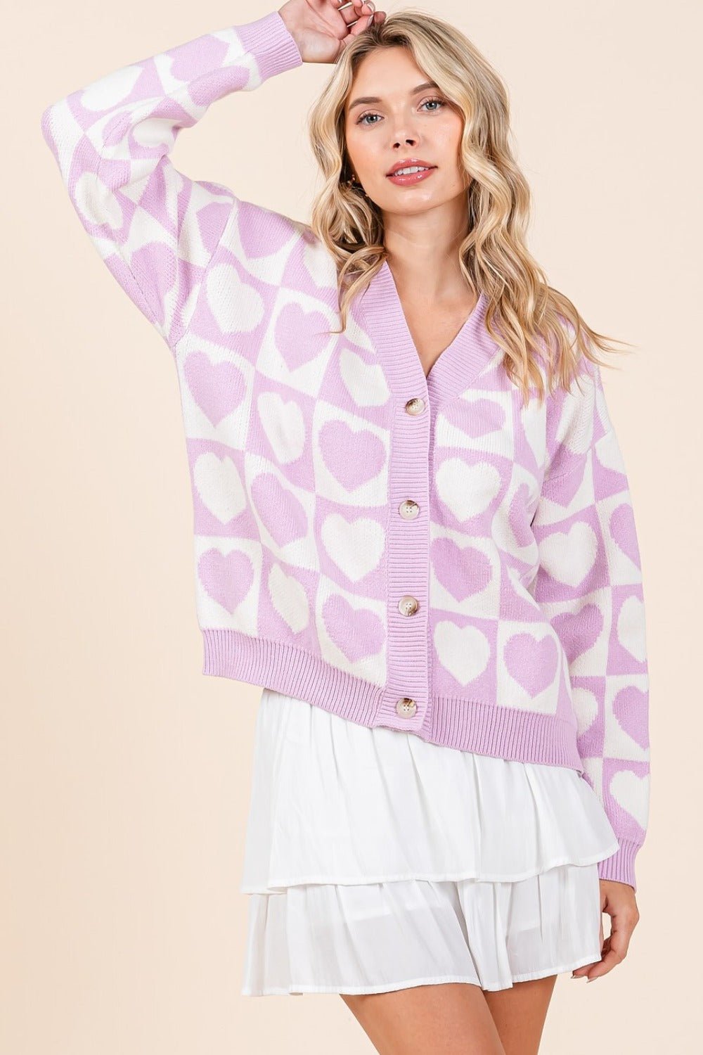 Mittoshop Checkered Heart Button Down Cardigan - Cardigan - Lilac - Bella Bourget