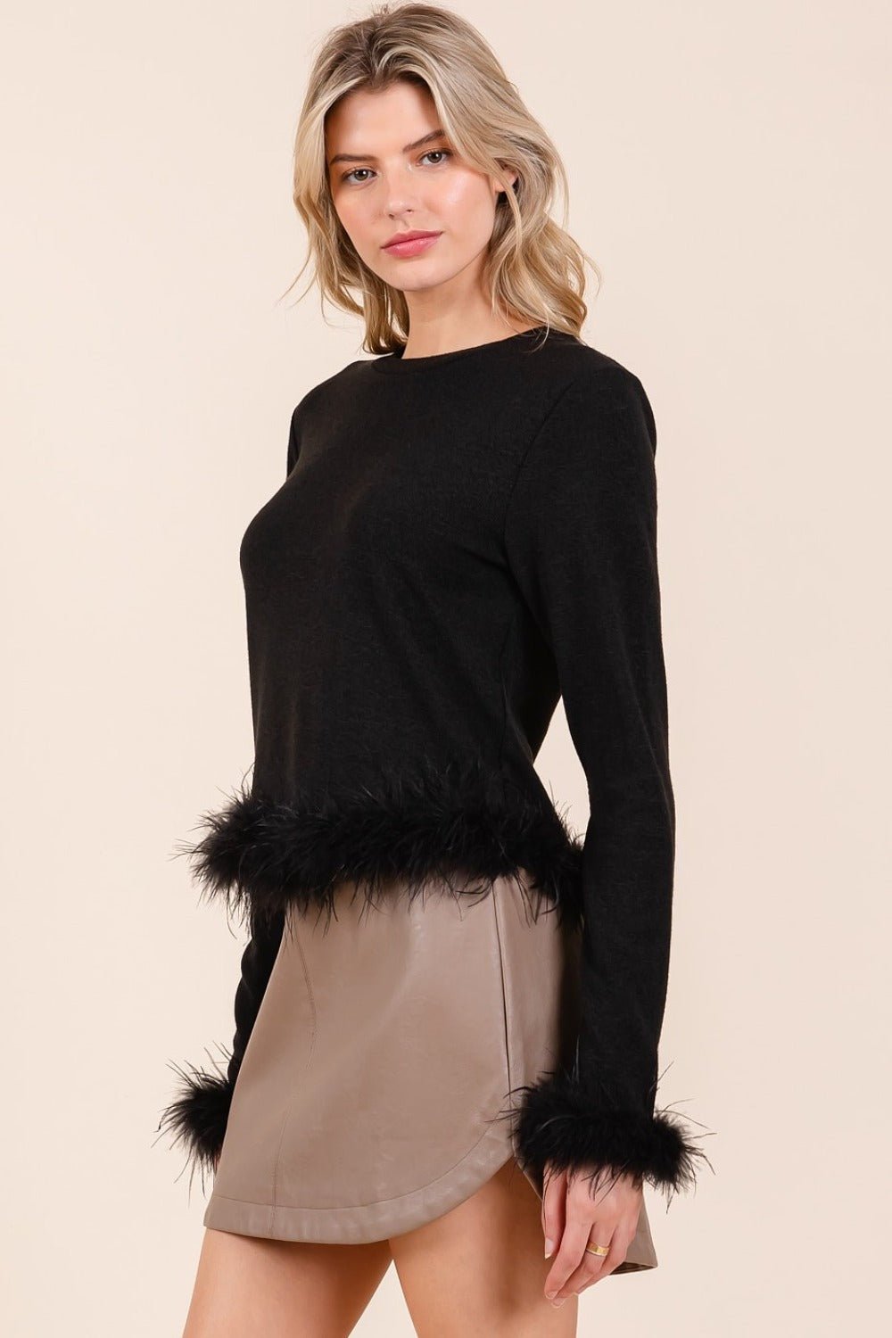 Mittoshop Feather Trim Long Sleeve Crop Hacci Knit Top - Sweater - Black - Bella Bourget