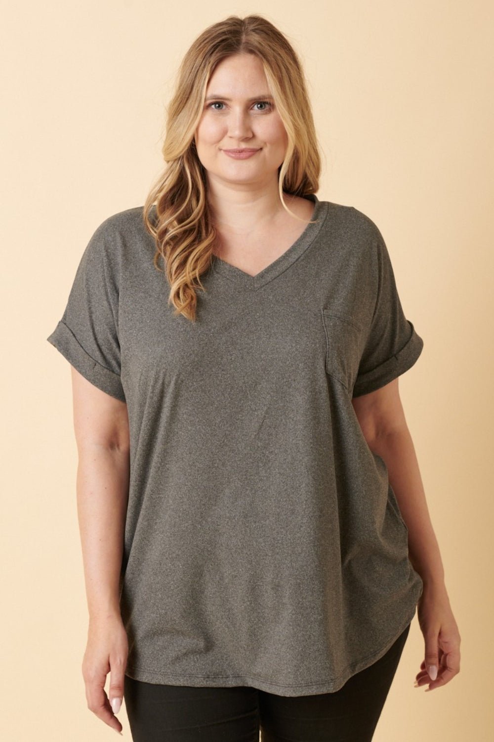 Mittoshop Full Size V - Neck Rolled Short Sleeve T - Shirt - Top - Charcoal - Bella Bourget