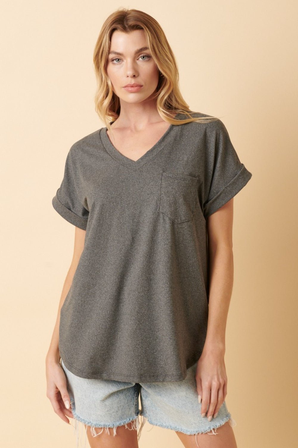 Mittoshop Full Size V - Neck Rolled Short Sleeve T - Shirt - Top - Charcoal - Bella Bourget