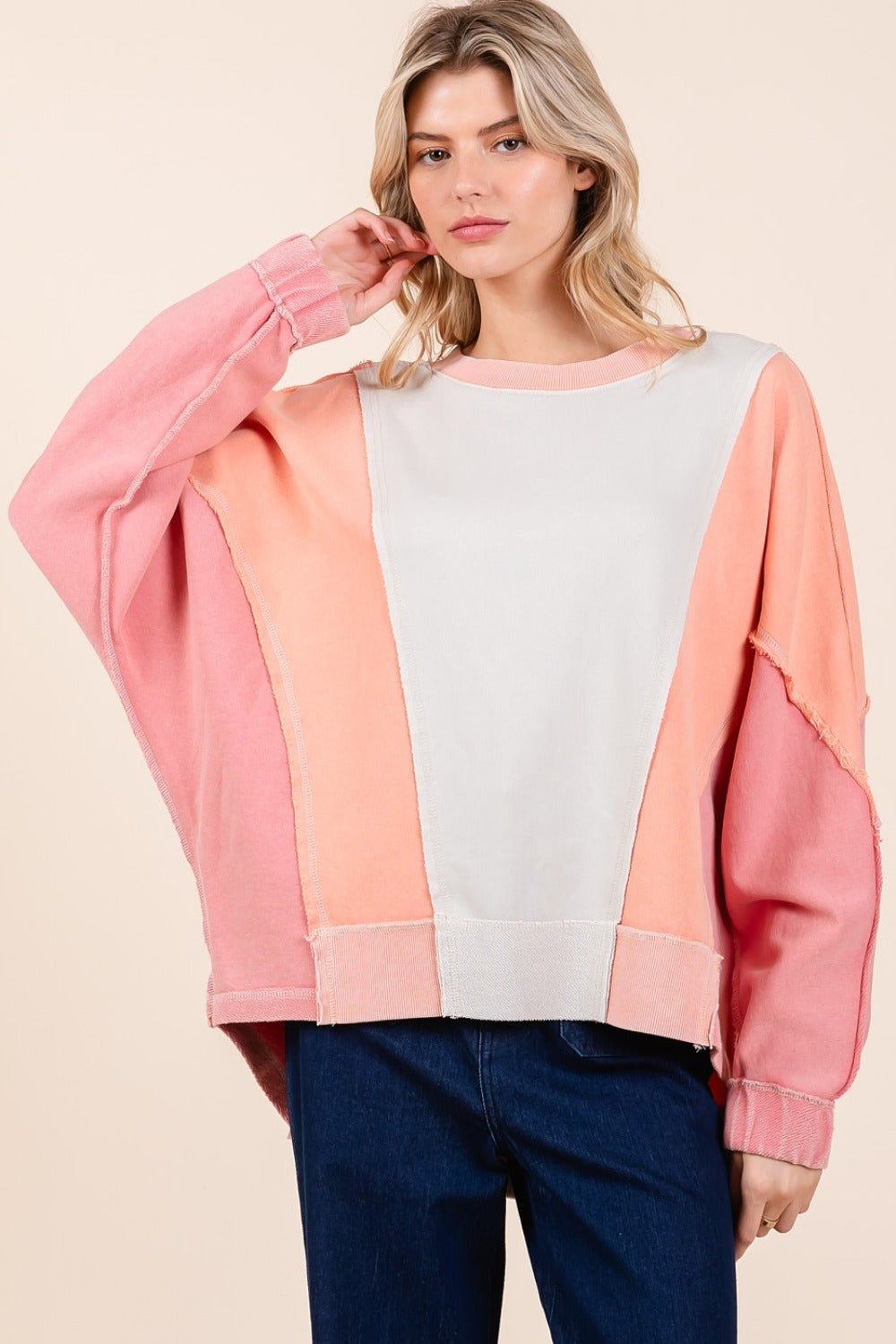 Mittoshop Mineral Wash Color Block Sweatshirt - Sweatshirt - Coral Combo - Bella Bourget