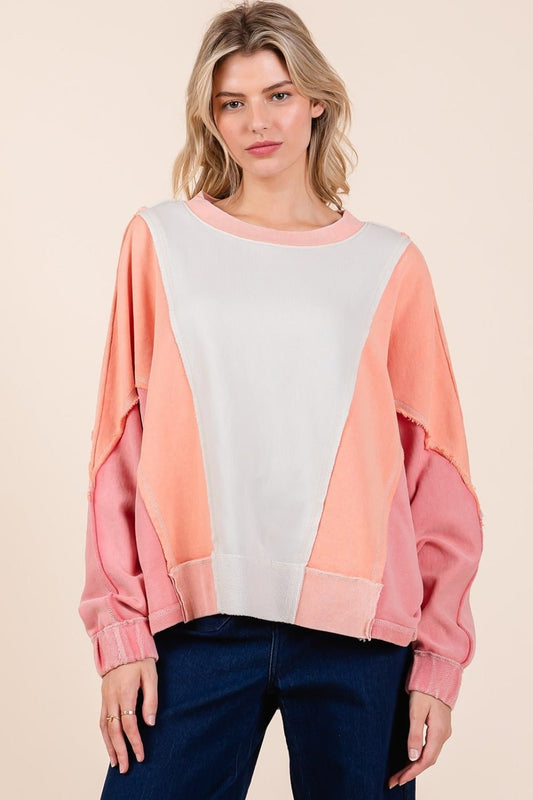 Mittoshop Mineral Wash Color Block Sweatshirt - Sweatshirt - Coral Combo - Bella Bourget