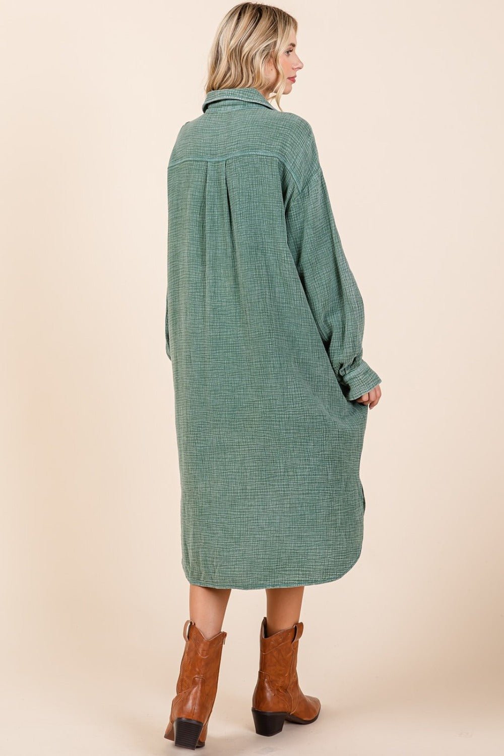 Mittoshop Mineral Wash Cotton Gauze Midi Shirt Dress - dress - Pine - Bella Bourget