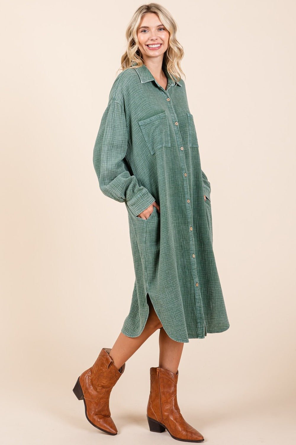 Mittoshop Mineral Wash Cotton Gauze Midi Shirt Dress - dress - Pine - Bella Bourget