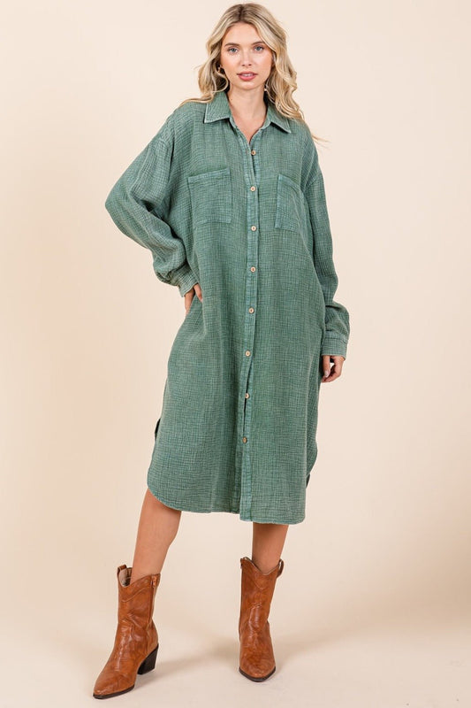 Mittoshop Mineral Wash Cotton Gauze Midi Shirt Dress - dress - Pine - Bella Bourget