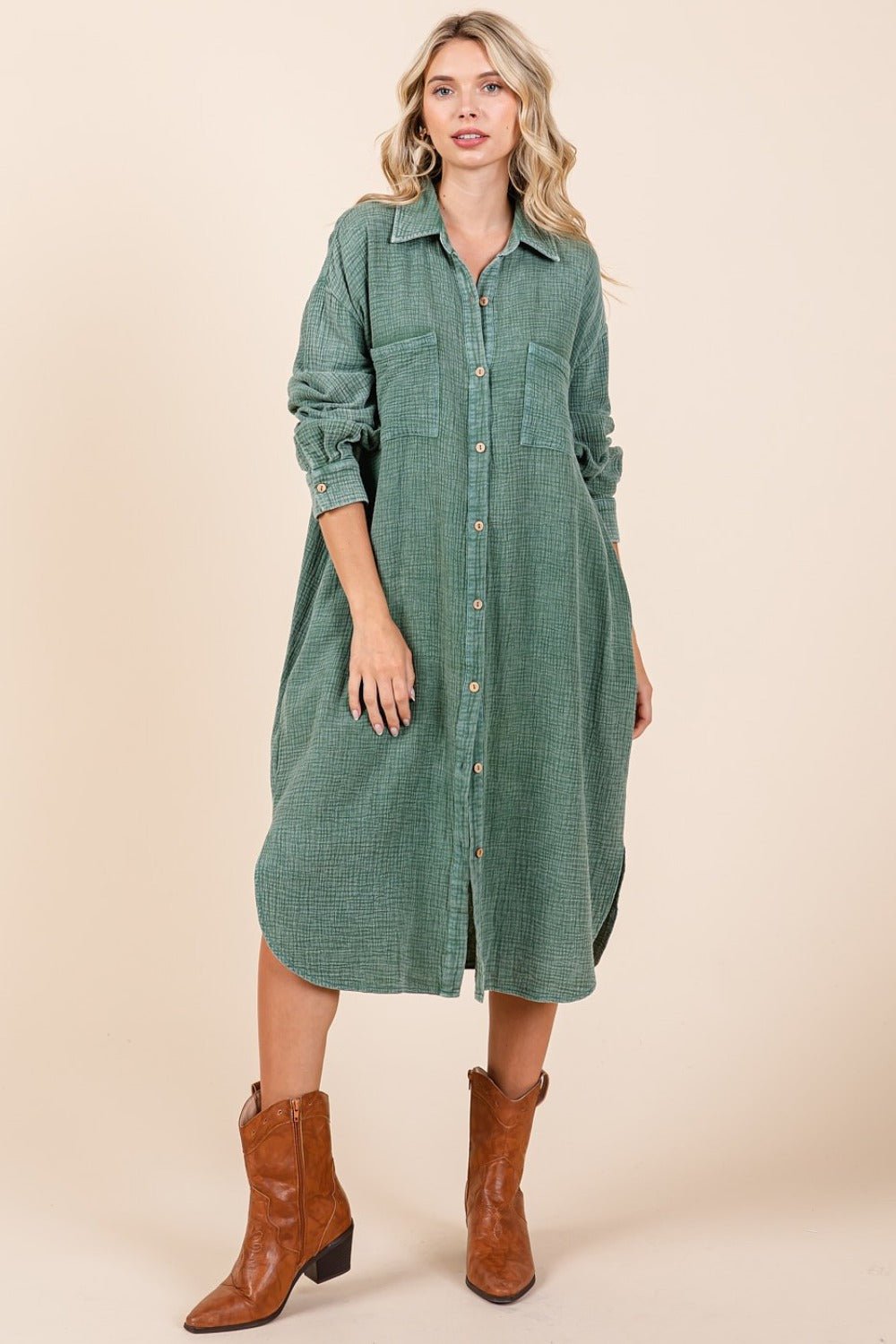 Mittoshop Mineral Wash Cotton Gauze Midi Shirt Dress - dress - Pine - Bella Bourget