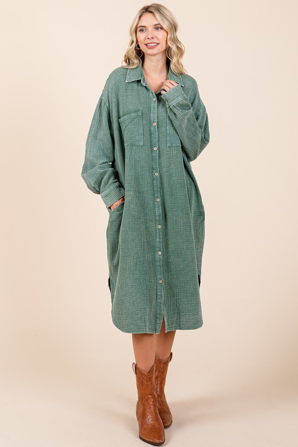 Mittoshop Mineral Wash Cotton Gauze Midi Shirt Dress - dress - Pine - Bella Bourget