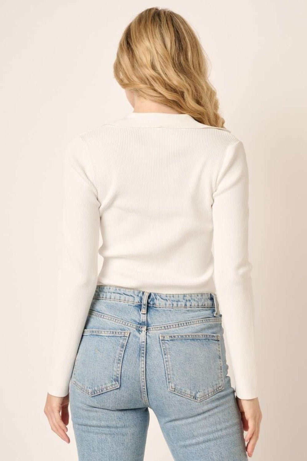 Mittoshop Polo Long Sleeve Ribbed Knit Top - Blouse - Ivory - Bella Bourget