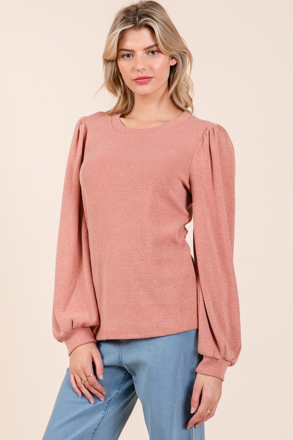 Mittoshop Round Neck Long Sleeve Rib Knit Top - Blouse - Coral - Bella Bourget