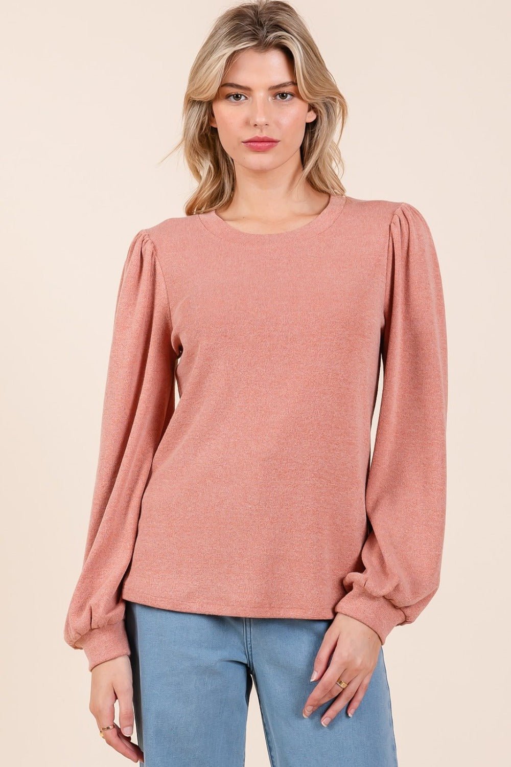 Mittoshop Round Neck Long Sleeve Rib Knit Top - Blouse - Coral - Bella Bourget