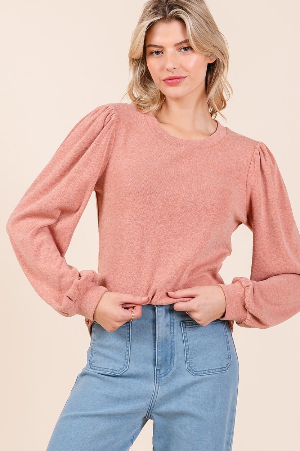 Mittoshop Round Neck Long Sleeve Rib Knit Top - Blouse - Coral - Bella Bourget