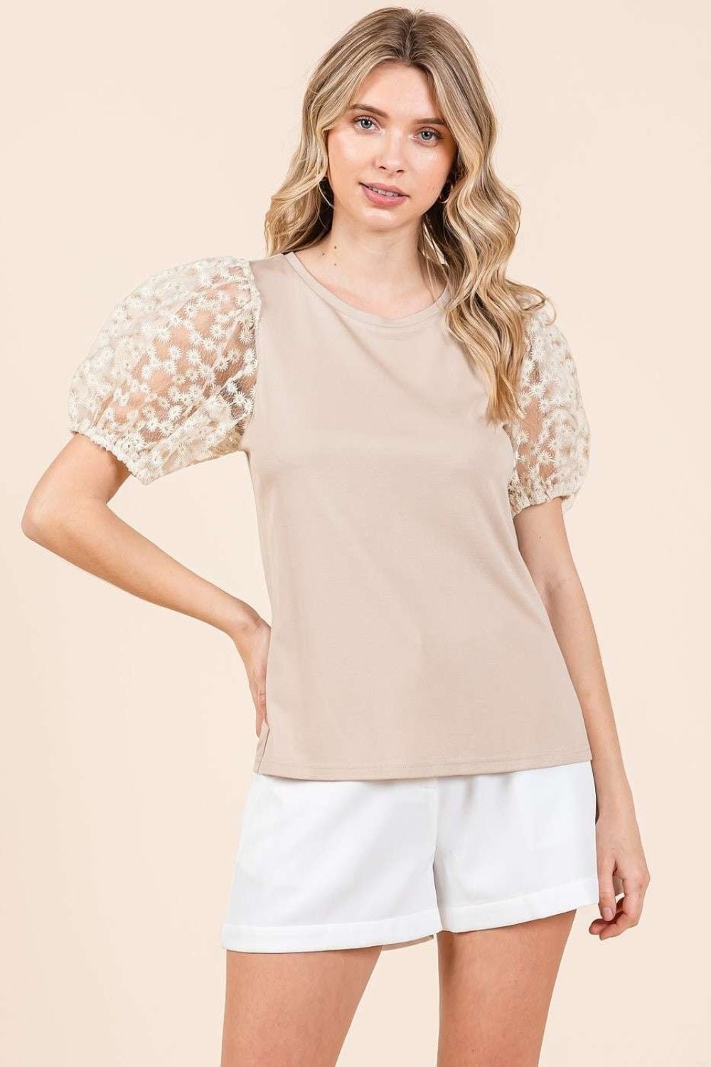 Mittoshop Round Neck Puff Short Sleeve Top - Top - Taupe - Bella Bourget