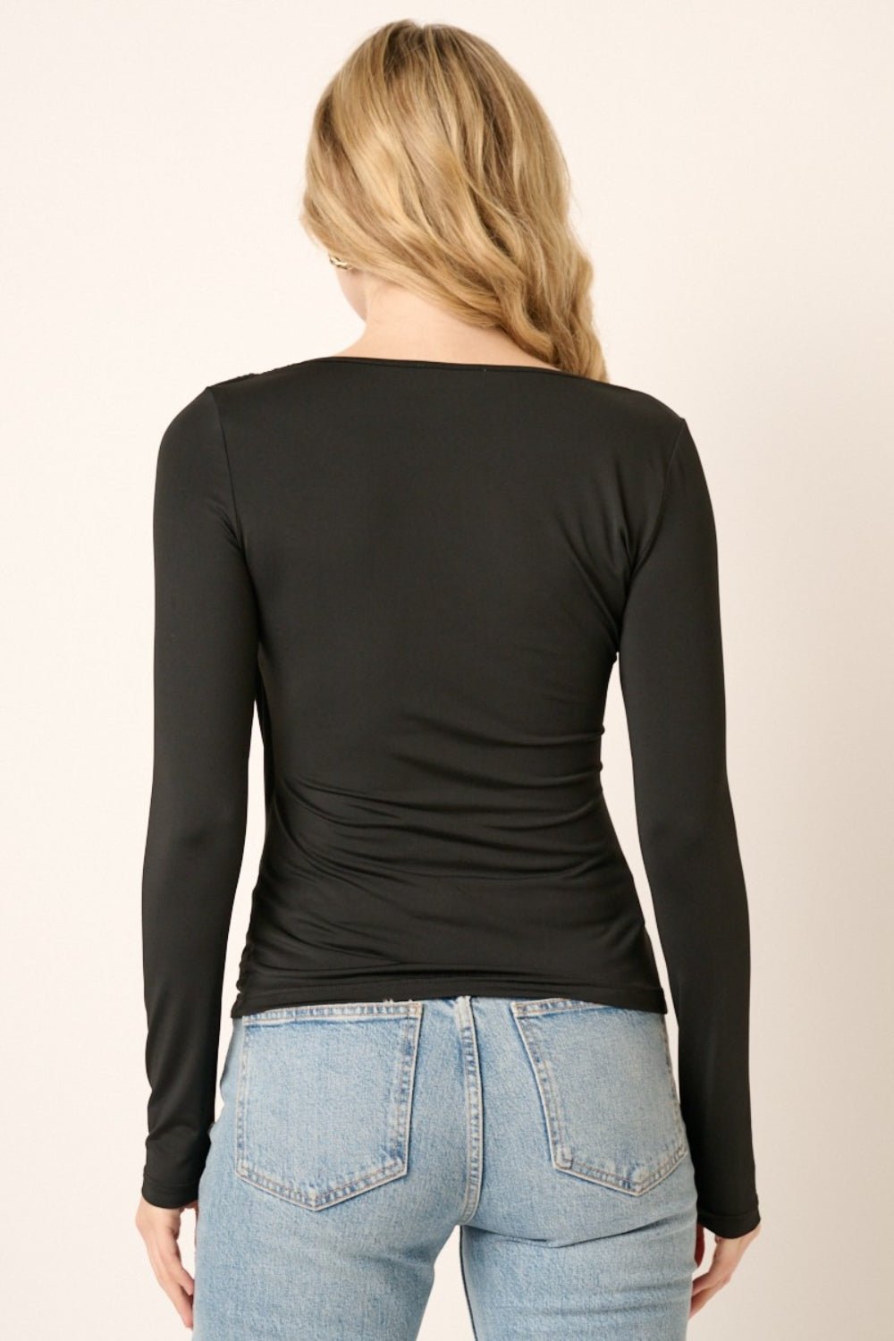 Mittoshop Ruched Long Sleeve Slim Top - blouse - Black - Bella Bourget