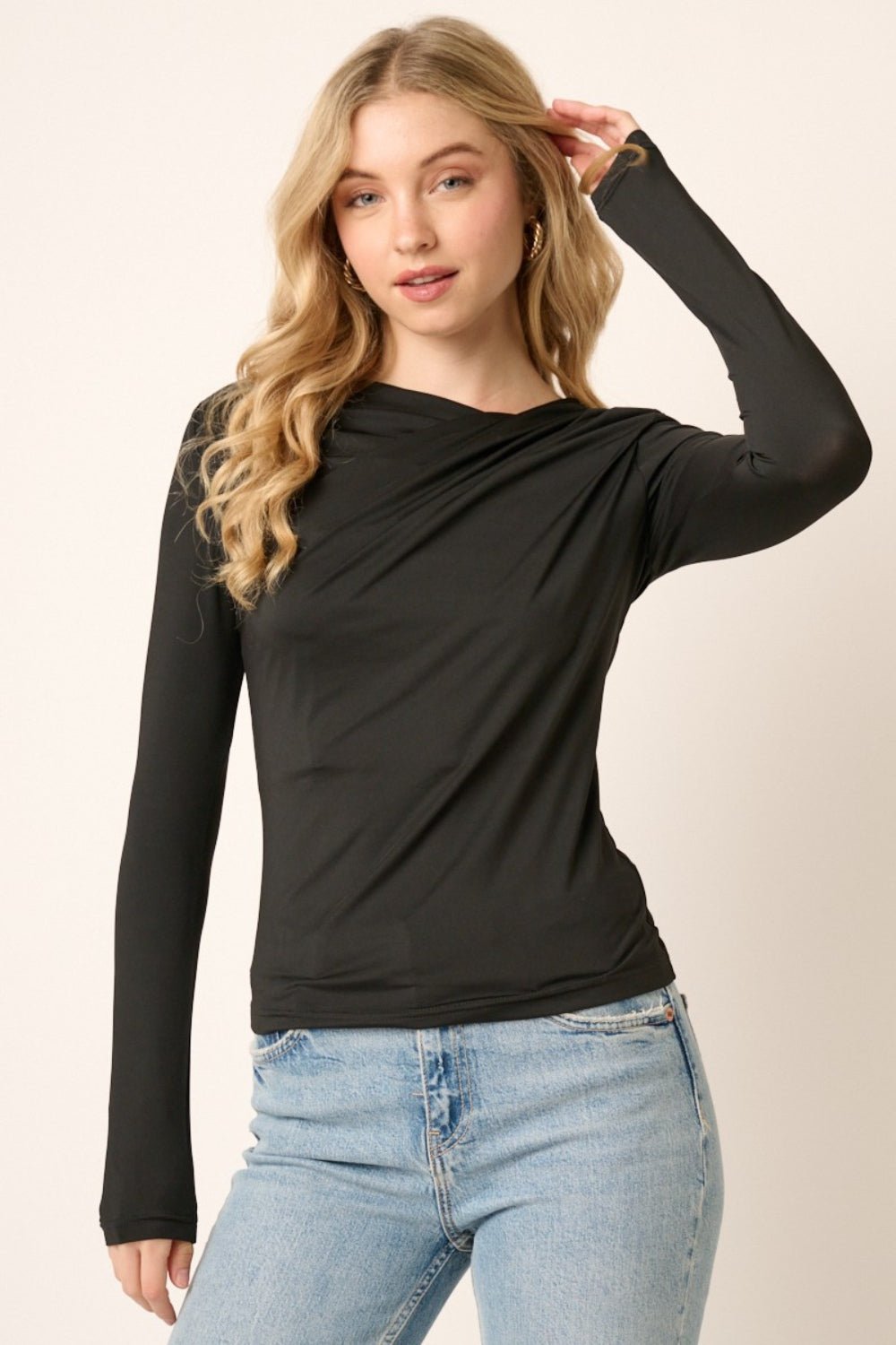 Mittoshop Ruched Long Sleeve Slim Top - blouse - Black - Bella Bourget