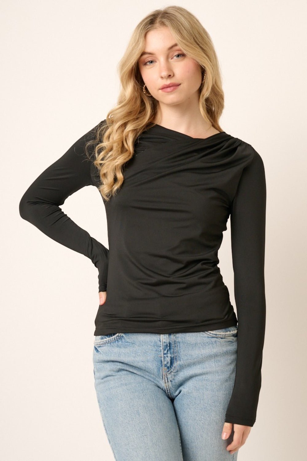 Mittoshop Ruched Long Sleeve Slim Top - blouse - Black - Bella Bourget