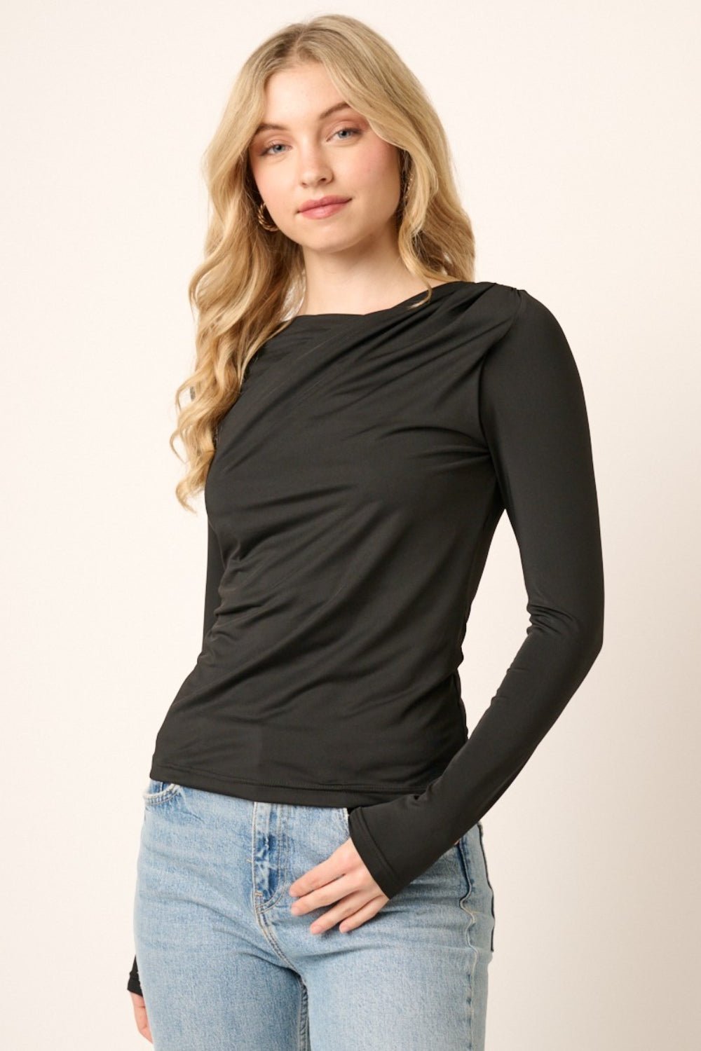 Mittoshop Ruched Long Sleeve Slim Top - blouse - Black - Bella Bourget