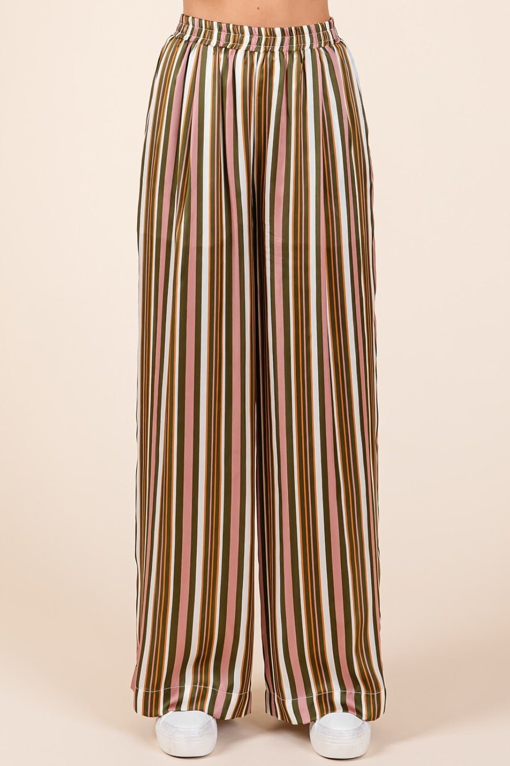 Mittoshop Striped Satin Elastic Waist Wide Leg Pants - Pants - Mauve Multi - Bella Bourget