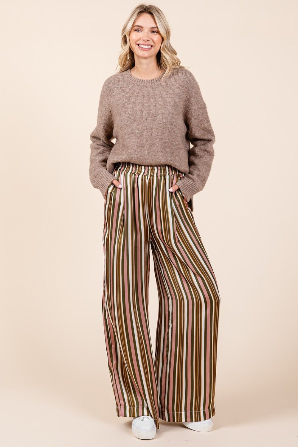 Mittoshop Striped Satin Elastic Waist Wide Leg Pants - Pants - Mauve Multi - Bella Bourget